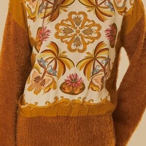 FARM RIO Furry Sweater with Printed Scarf Amazon Chic Size S NWT